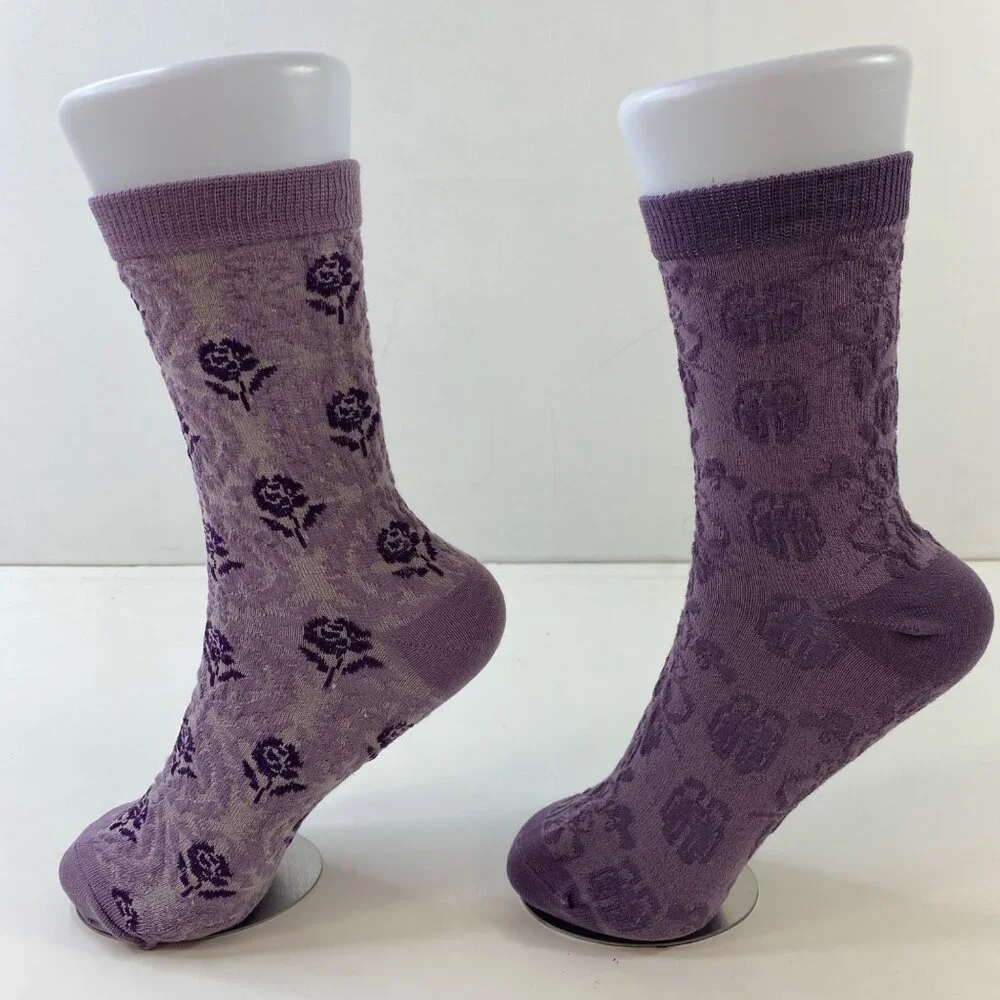 Womens Floral Patterned Crew Socks 2 Pack Rose Abstract Ribbed Cuff Purple